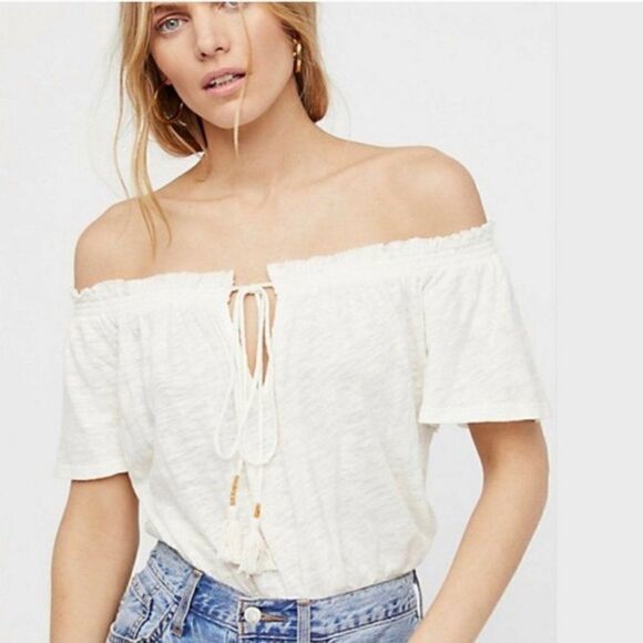 FREE People Hummingbird Off White Linen Blend Off The Shoulder Boho Crop Top XS - Picture 1 of 9